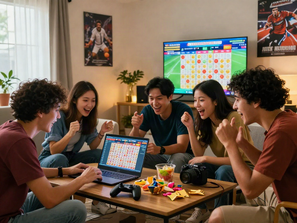 Group of friends enjoying a lively gaming session analyzing results on situs togel in a cozy living room.