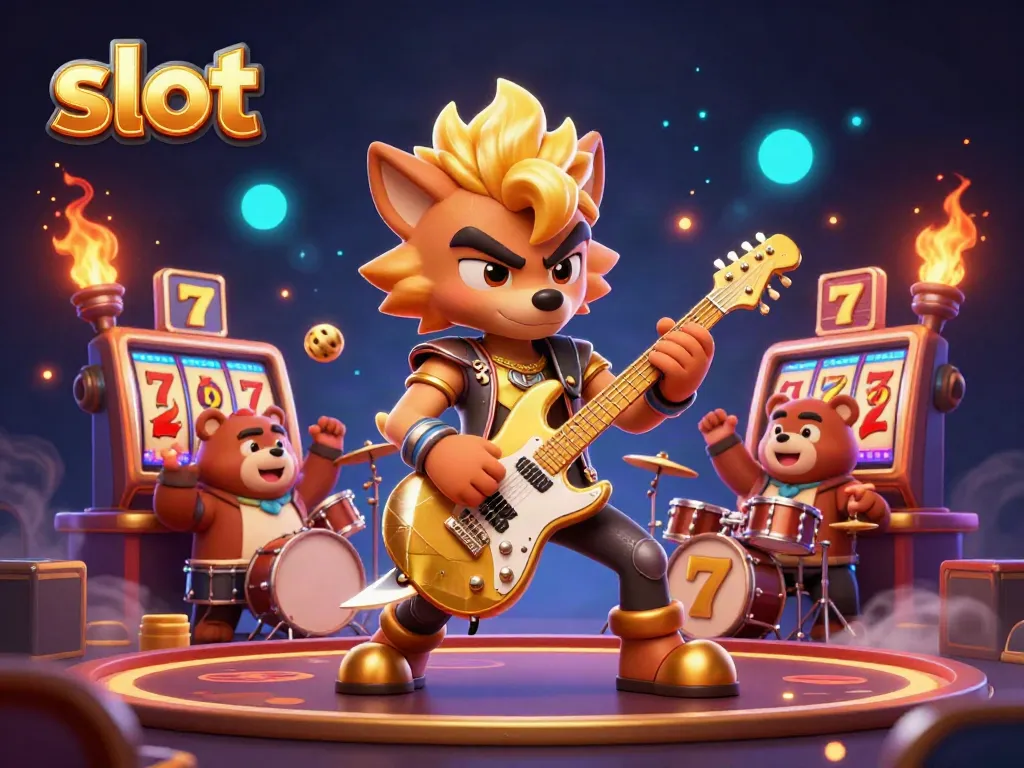 Slot yang menyenangkan dengan wolf rocker dan beruang drummer menampilkan keseruan slot di panggung kasino.