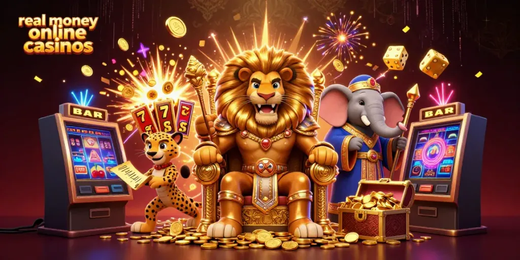 Experience the excitement of real money online casinos illustrated with vibrant characters in a lavish casino scene.