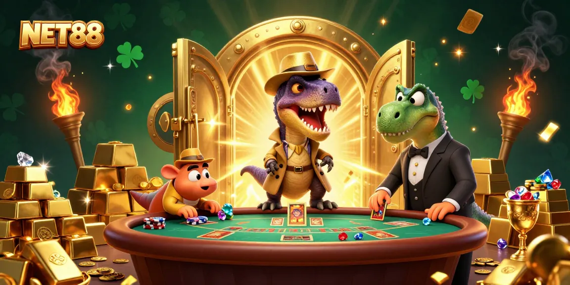 NET88 showcases a vibrant 3D casino scene with characters engaged around a blackjack table.