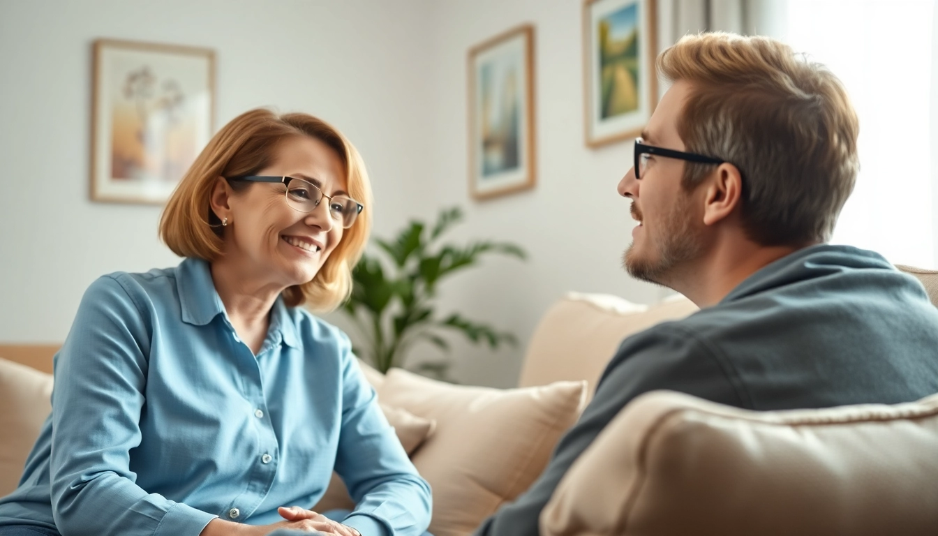 Engaging scene highlighting ADHD Therapy session between a warm therapist and an adult male client.
