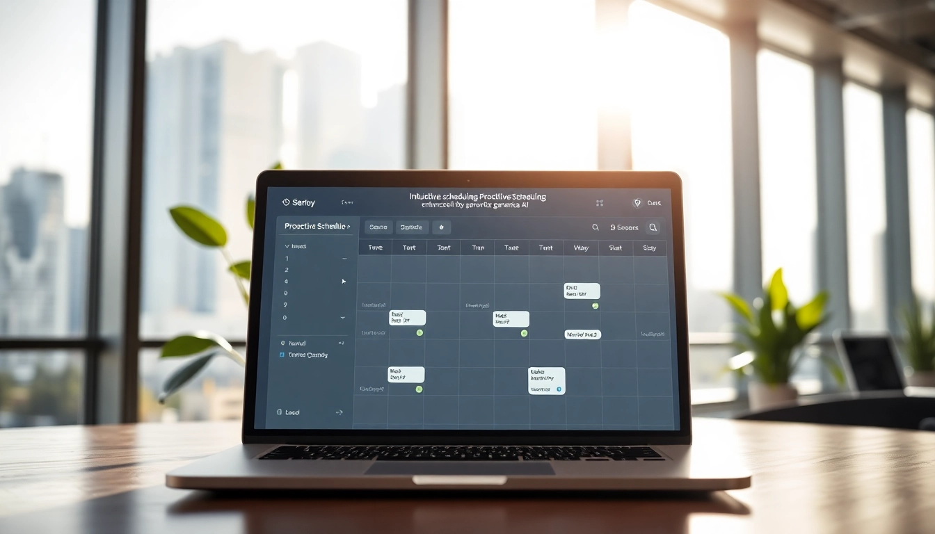Visualize proactive scheduling AI with a dynamic digital calendar interface in a professional setting.