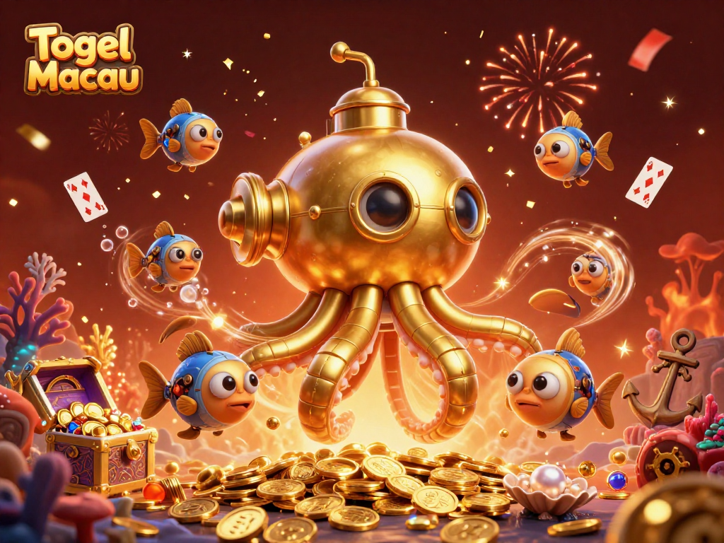 Togel Macau, experience the thrill of winnings with a golden kraken submarine amidst treasures.