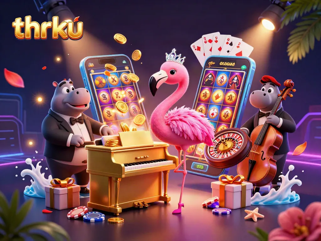 Engage with thrilling slots at thrku, featuring vibrant flamingo singer and hippo bassist in a lively casino scene.