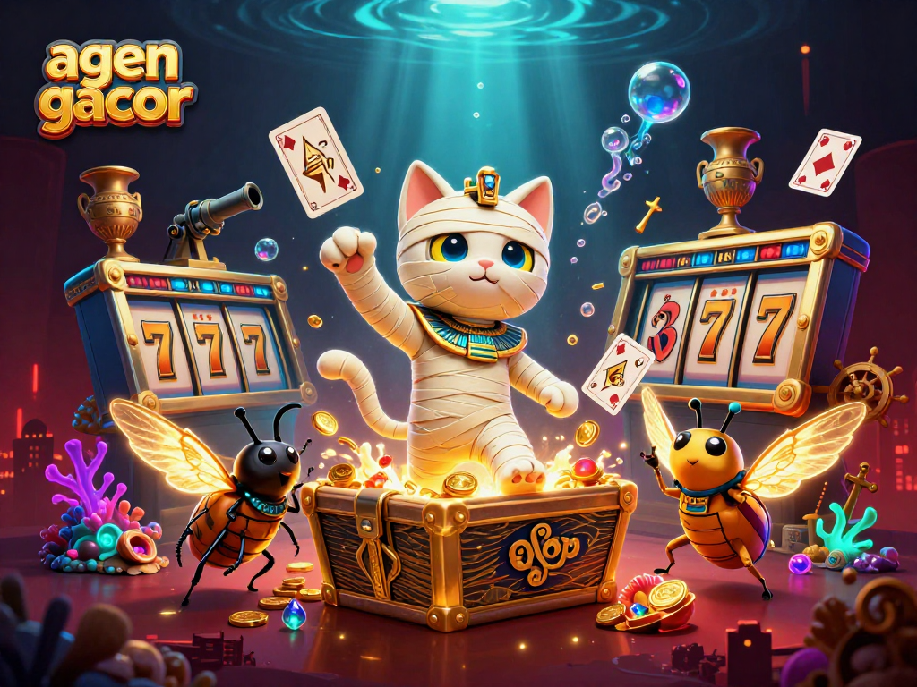 Engage with agen gacor through a vibrant Egyptian-themed casino adventure, featuring a mummy cat and golden treasures.