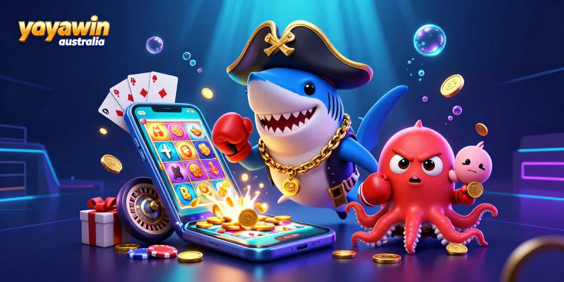Play thrilling games at yayawin australia with a cartoon shark, pufferfish, and octopus amid vibrant casino elements.