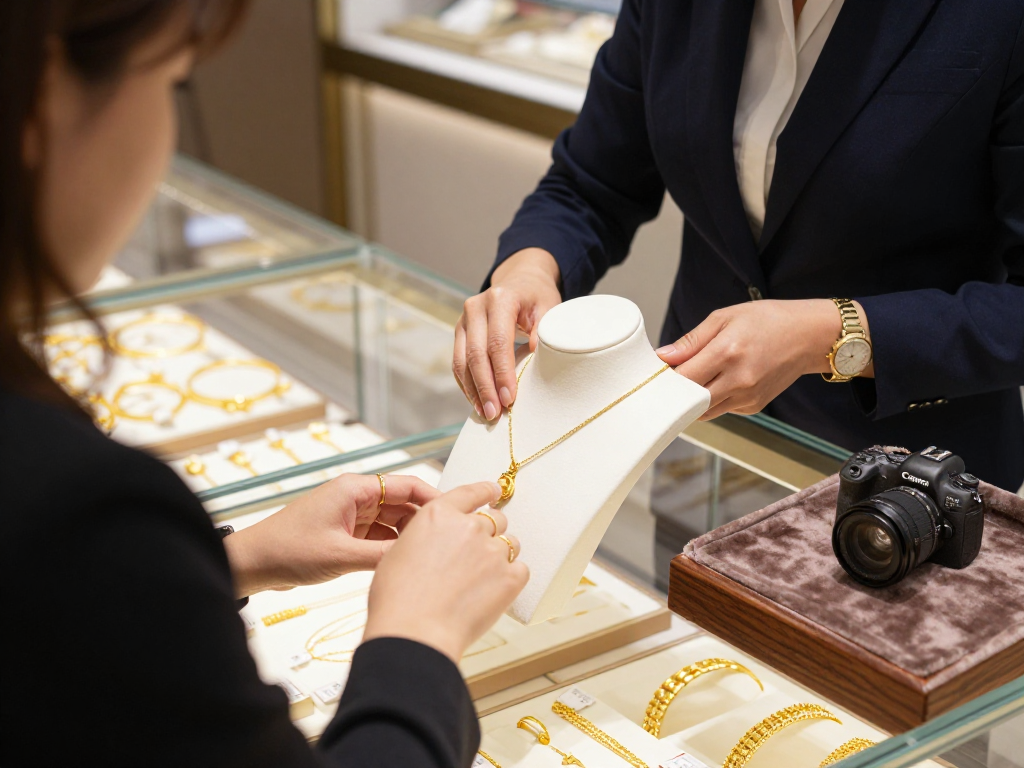 Customer examining gold jewelry at a display, mantra88 gold detailing shining.