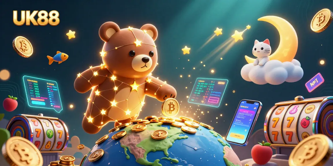 Catch excitement at UK88 with vibrant slot reels and cosmic characters in a stunning 3D scene.