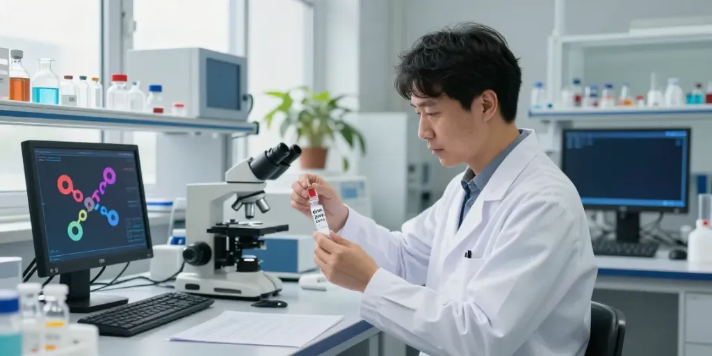 Scientist measuring klow 80mg peptide blend in a bright laboratory.