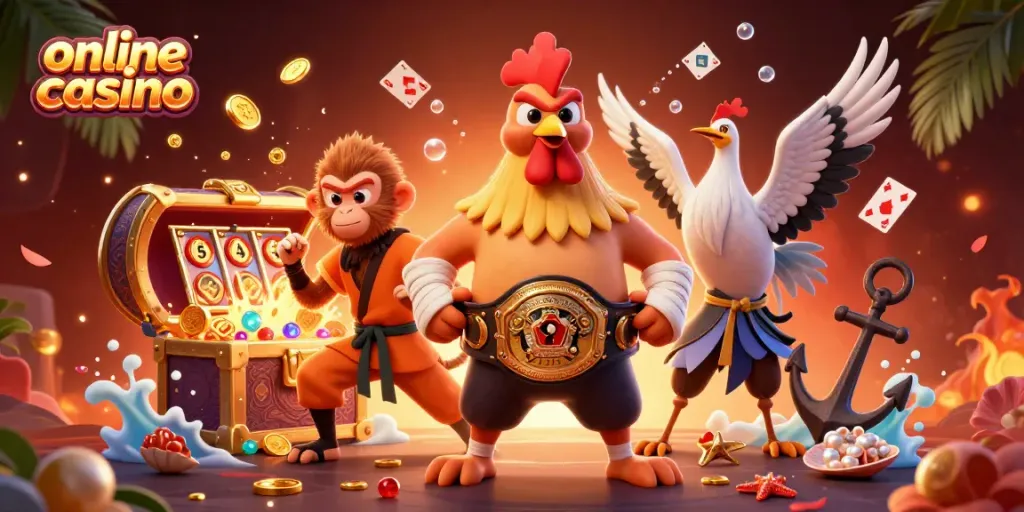 Experience the excitement of an online casino with vibrant 3D characters amidst sparkling treasures and gaming elements.