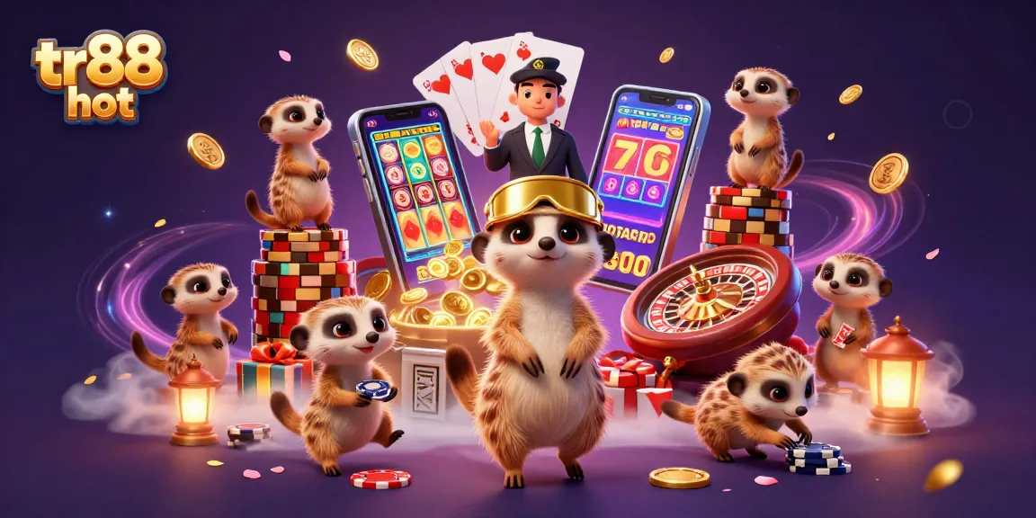 tr88 hot showcases meerkats in an exciting casino scene, highlighting slot games and dynamic elements.