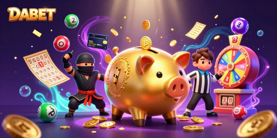 DABET showcases a lively casino scene with a golden piggy bank sumo wrestler in action amidst prizes.