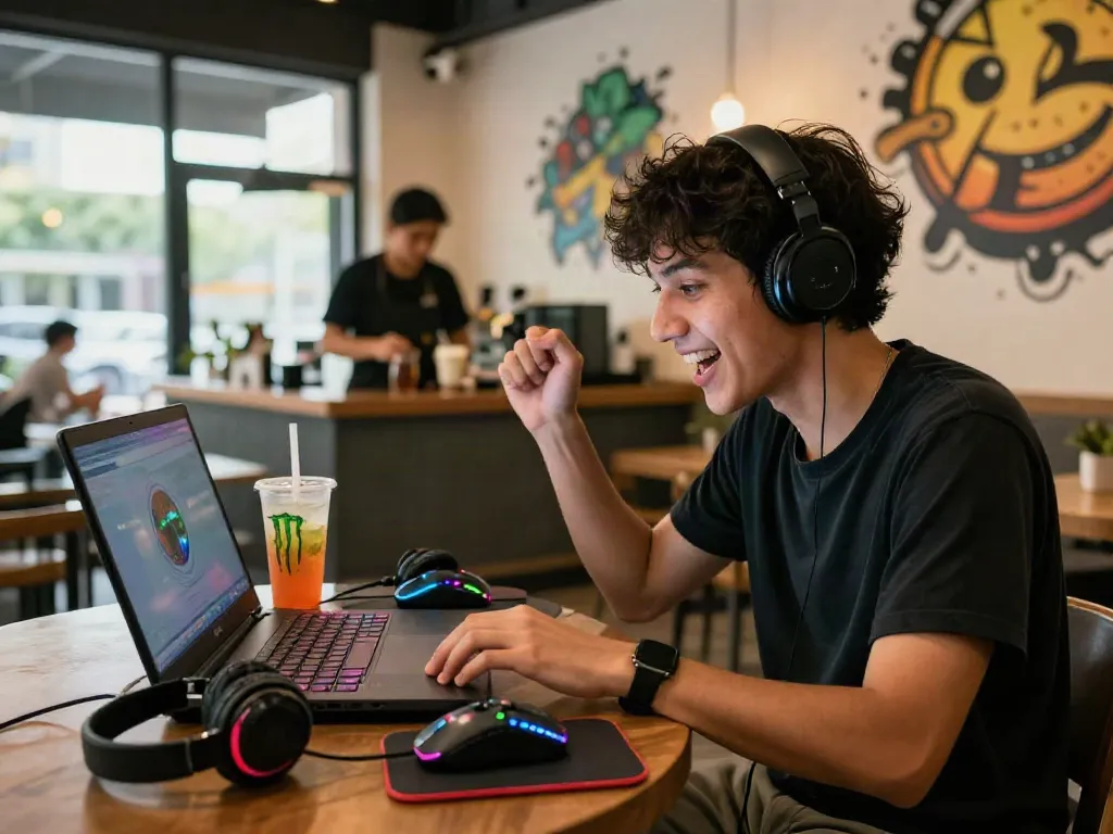 Engaged gamer exploring slot gacor at a cafe, vibrant atmosphere and gaming elements.