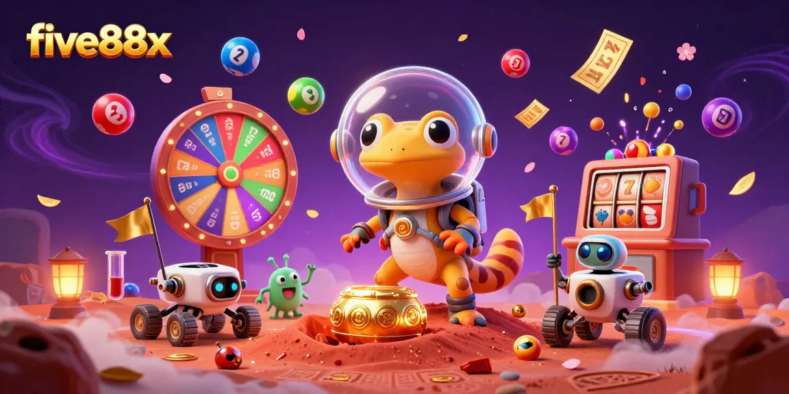 five88x Martian gecko explores a golden casino on Mars with vibrant gaming elements.