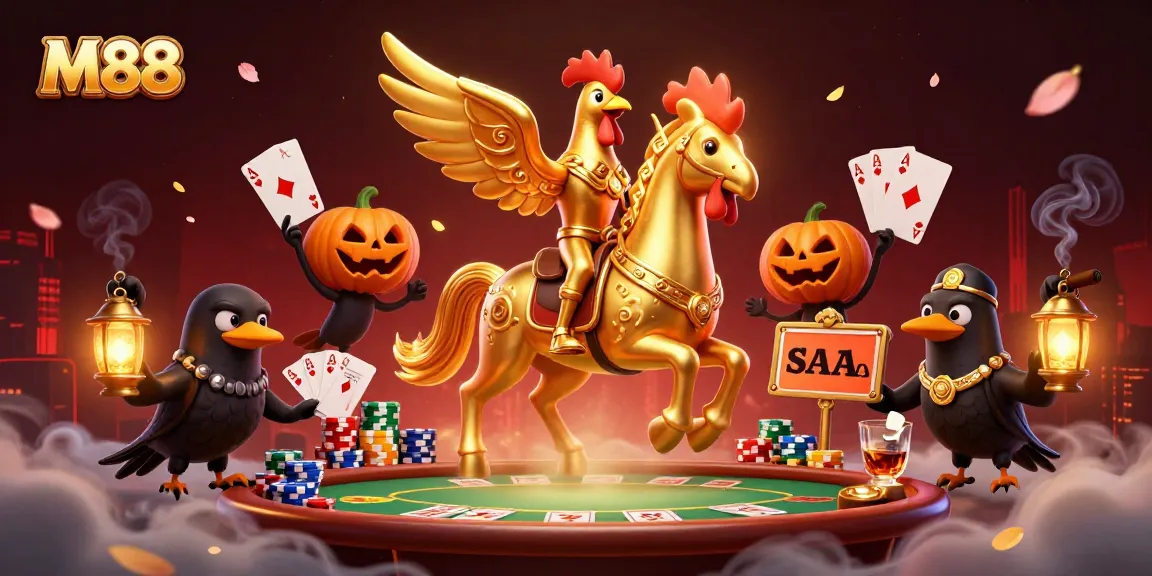 M88 showcases a vibrant gaming scene with a golden rooster, poker elements, and atmospheric details in an online casino.