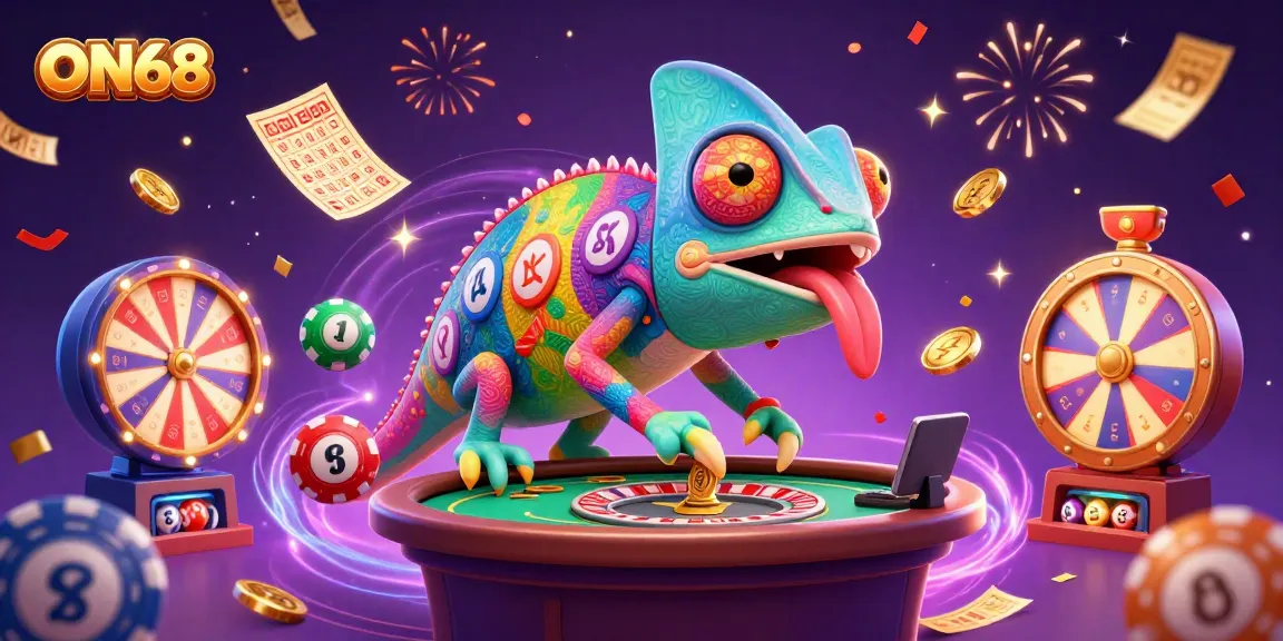 Engage with ON68, a vibrant chameleon casino master amidst a flurry of casino excitement.