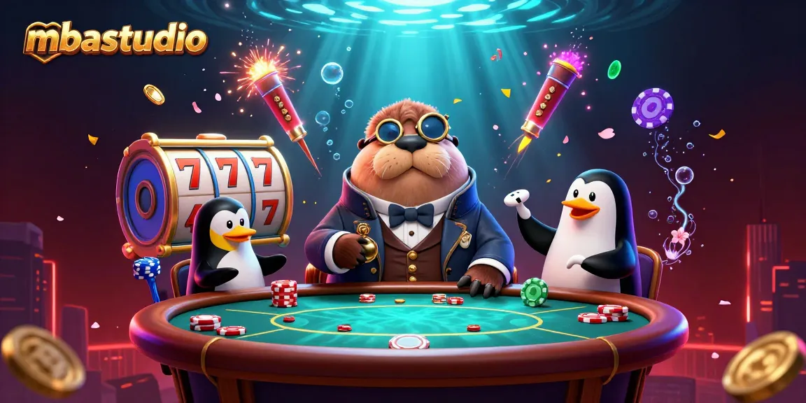 Permainan slot menyenangkan di mbastudio dengan walrus yang ceria, dealer penguin, dan pemain ikan pufferfish.