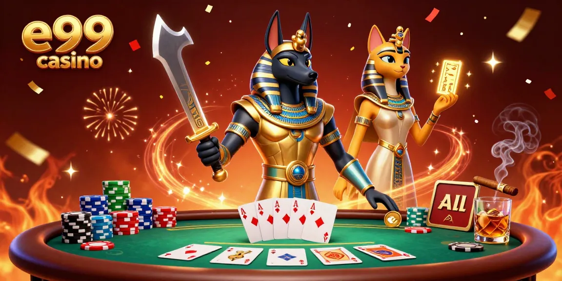 A vibrant scene featuring ancient Egyptian characters enjoying a game at e99 casino, showcasing poker elements and festive decorations.