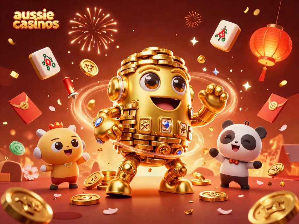 Experience the thrill of aussie casinos with a vibrant 3D scene of a golden golem and festive gaming elements.