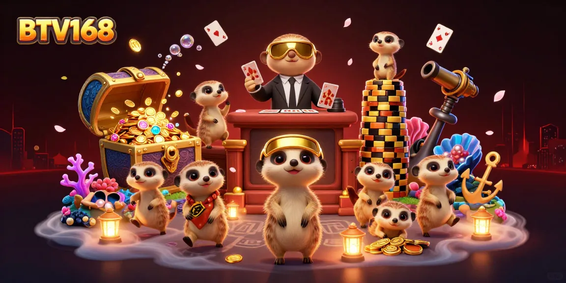 BTV168 spreads excitement in a dynamic casino scene with meerkats managing gaming and treasures.