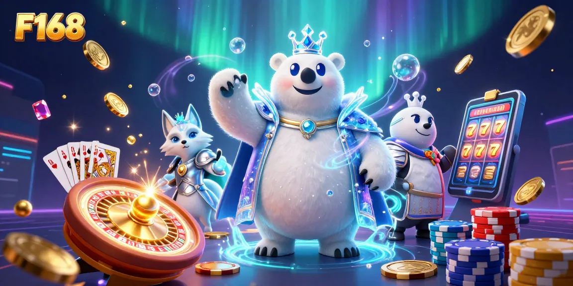 Play F168 in this vibrant 3D scene showcasing an ice king polar bear and a silver armored snow fox amidst casino riches.