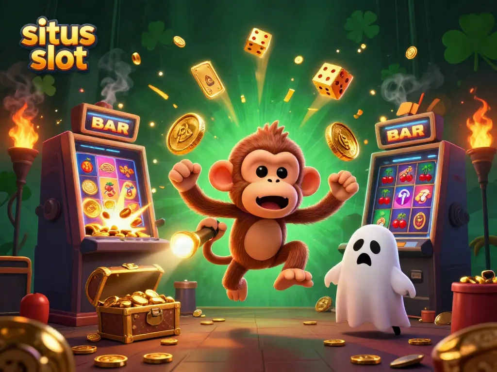 Situs slot illustration with a mischievous monkey and ghost-hunter puppy in a vibrant casino scene.
