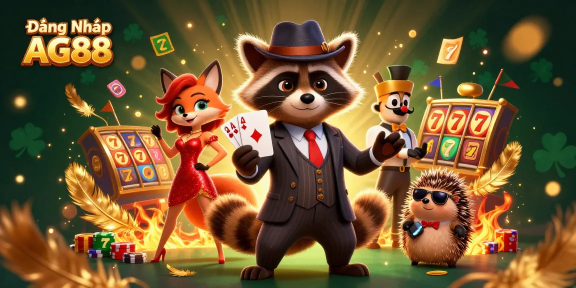 Experience the thrill of Đăng Nhập AG88 with a playful casino scene featuring a raccoon, fox, and hedgehog.