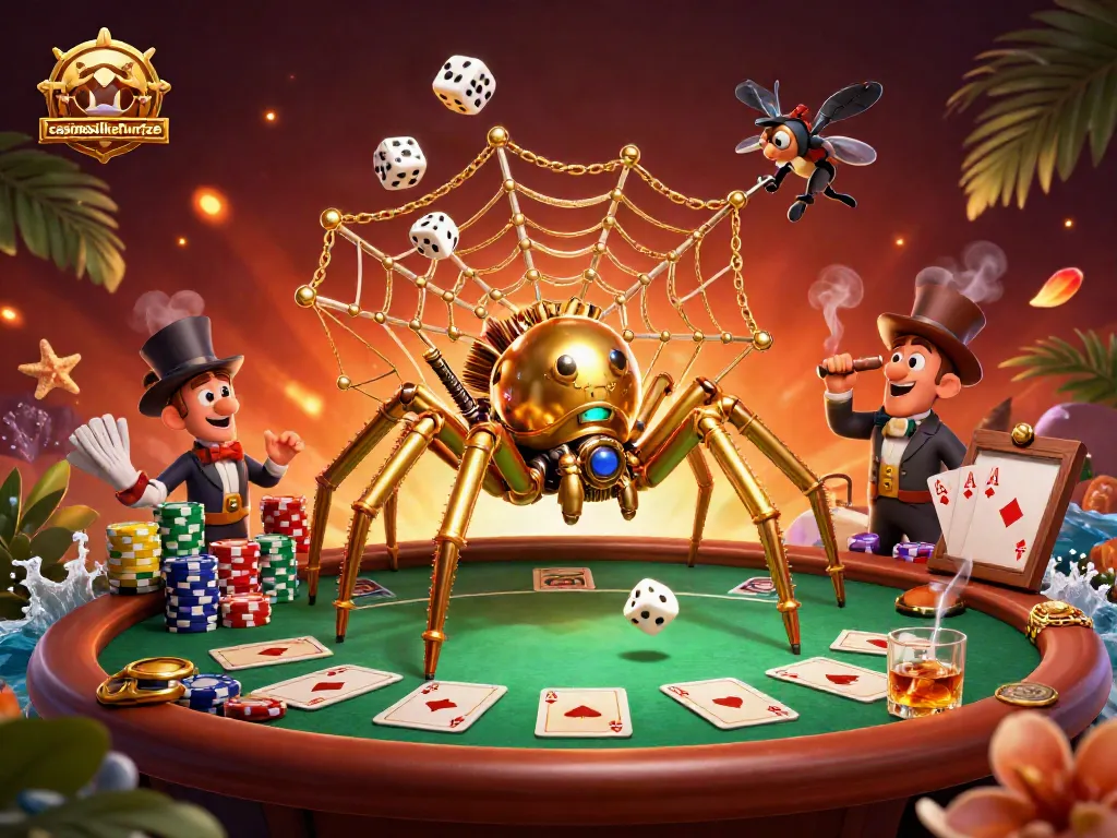 Engage with casinoslikefunrize as you spin the golden web of chance at a surreal poker scene.
