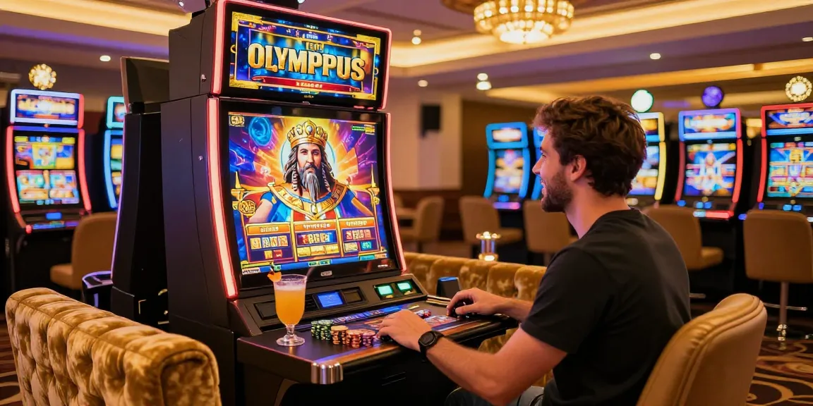 Player engaging with a slot olympus game in a vibrant casino lounge with golden lighting.