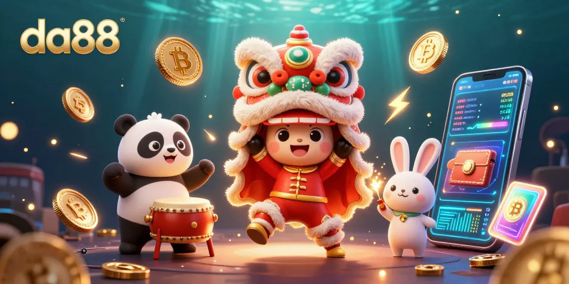 Experience the excitement of da88 with a vibrant 3D lion dance scene celebrating gambling.
