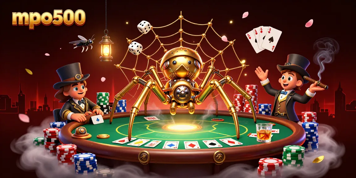Engage with the mpo500 experience of a steampunk spider and poker elements in a vibrant casino scene.