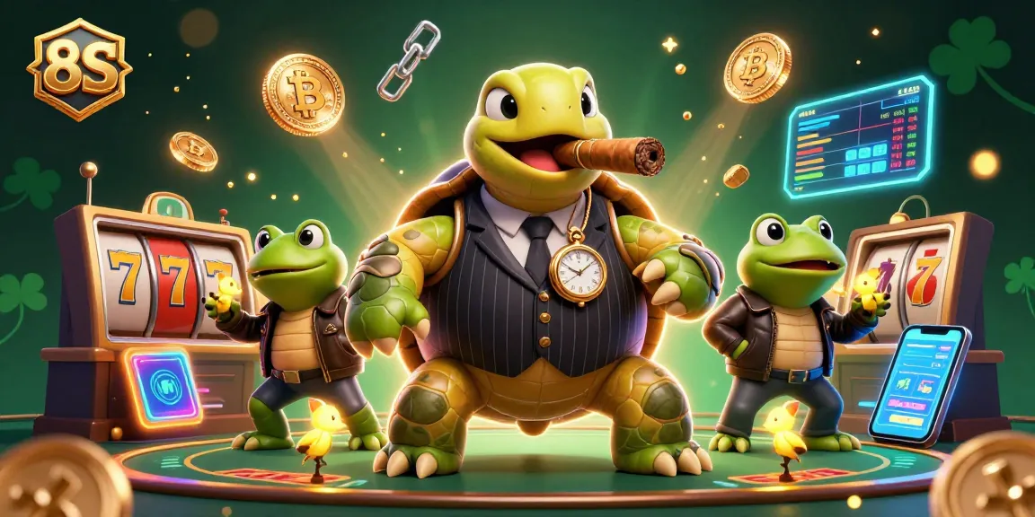 Experience thrilling gaming with 8S at this vibrant casino scene featuring unique characters.