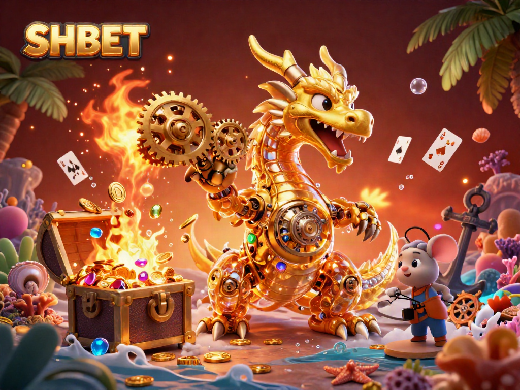 Spin and win with SHBET's vibrant illustration showcasing a golden dragon surrounded by poker cards.