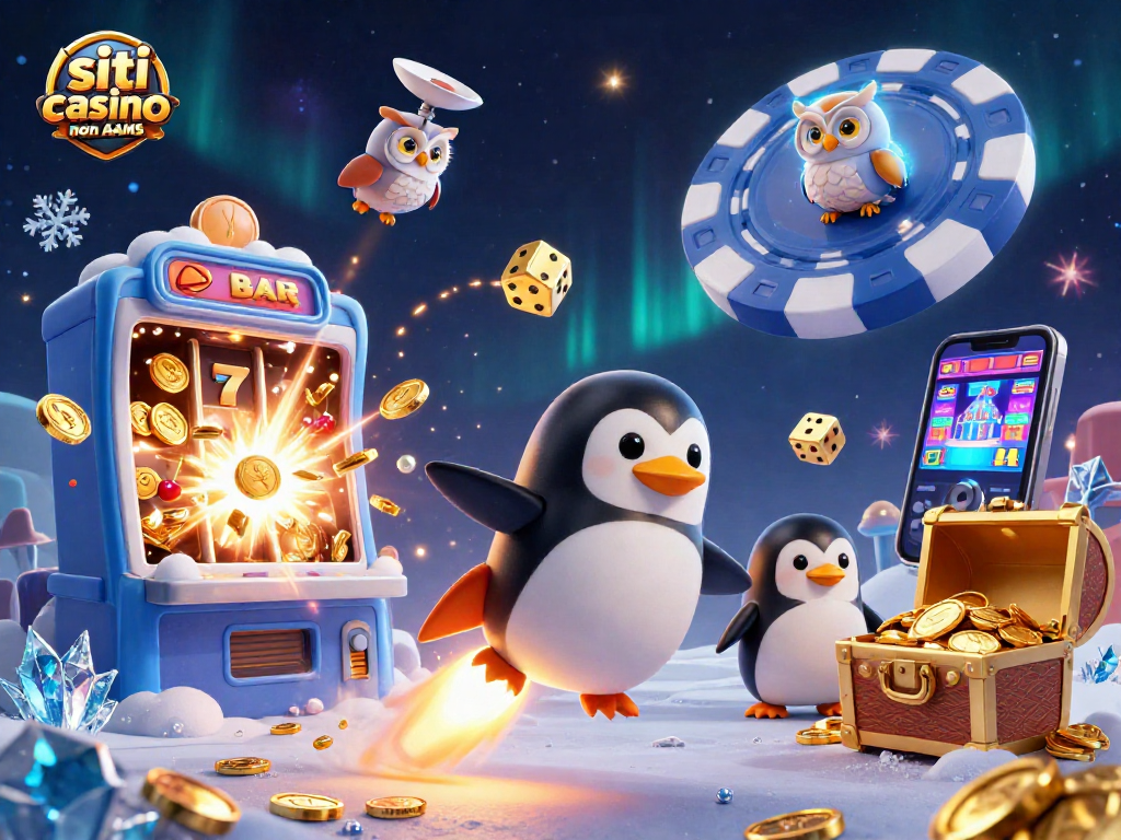 Scopri i siti casino non AAMS con un pinguino d'oro e macchinette vincenti su uno sfondo cosmico.