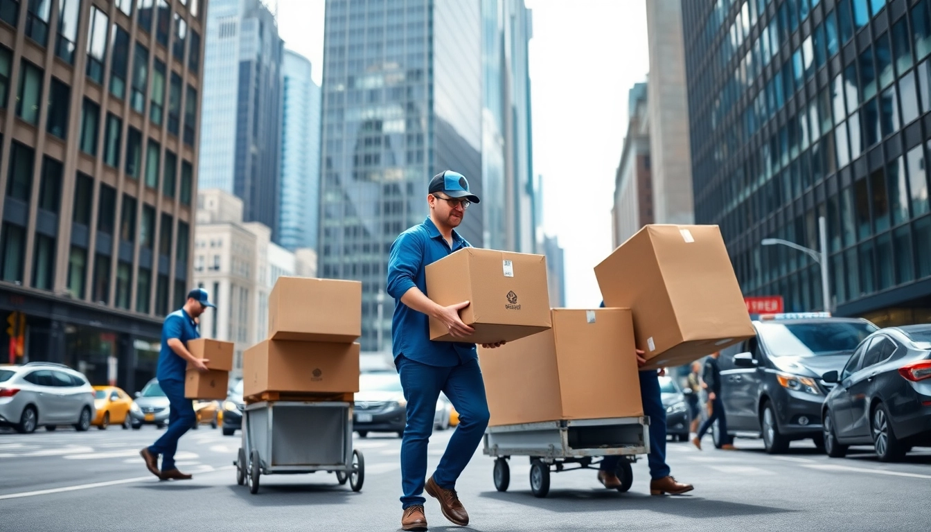 Efficient team handling Commercial Moving Services NYC with urban backdrop.