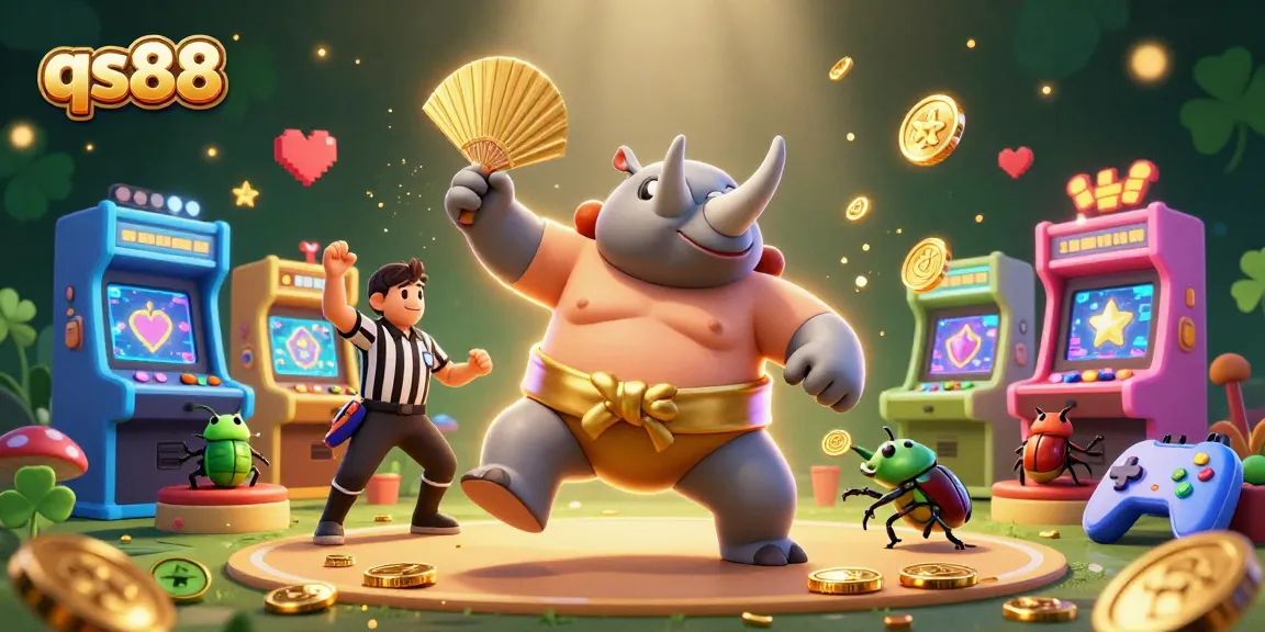Watch the qs88 sumo champion beetle stomp, sending golden coins flying in a vibrant casino scene.