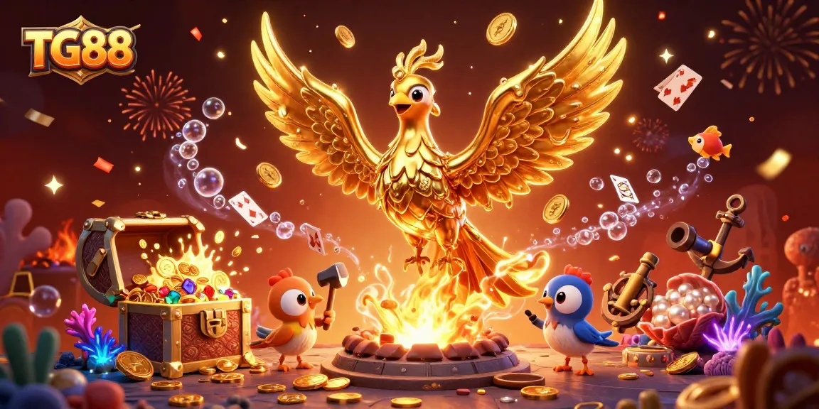 Join the excitement at TG88 with an immersive 3D golden phoenix and rich gaming treasures.