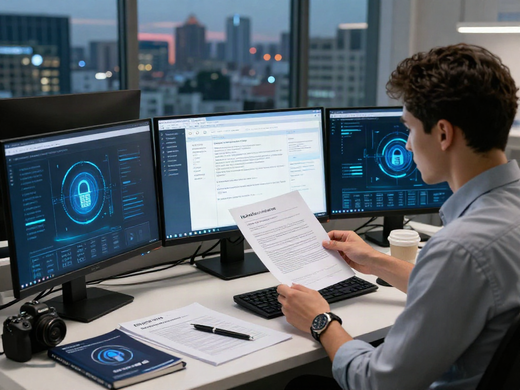 Professional examining document fraud detection software in a modern office setting with data analytics on display.
