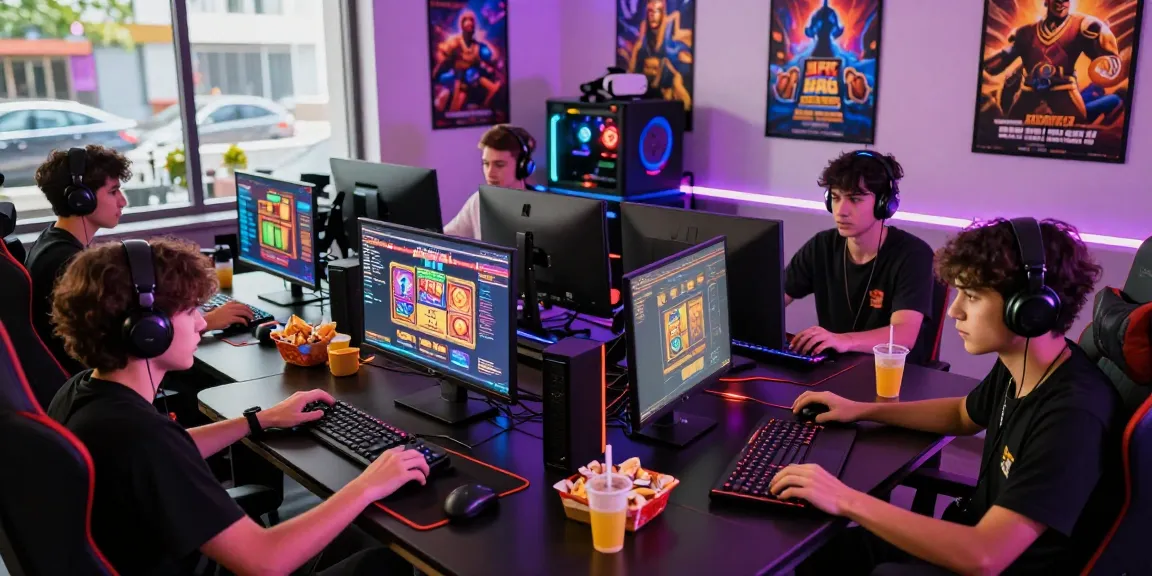 Players enjoying situs slot online games in a vibrant gaming setup with snacks and LED lights.