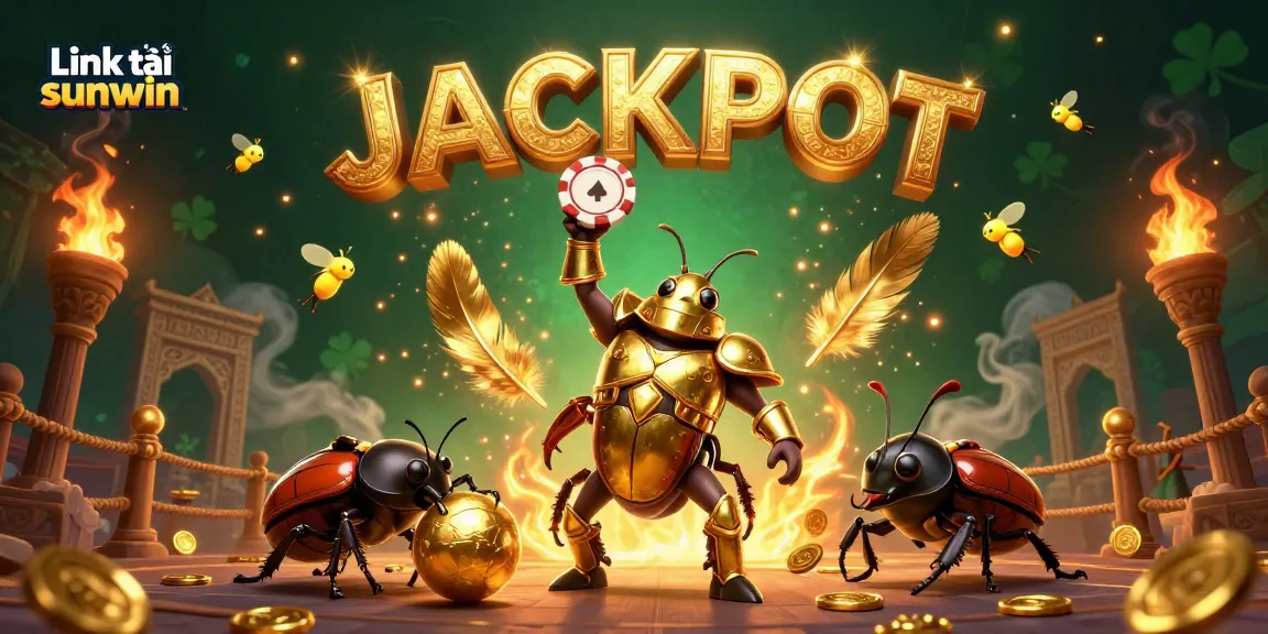 Experience the excitement of Link tải sunwin with a vibrant 3D cartoon scene highlighting a victorious beetle and golden elements.