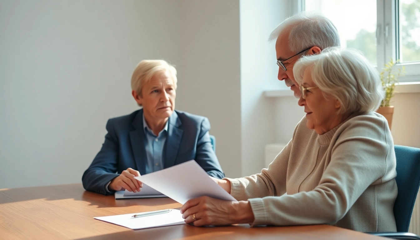 Engaging elderly couple reviewing their Enduring Guardian paperwork in a serene office.