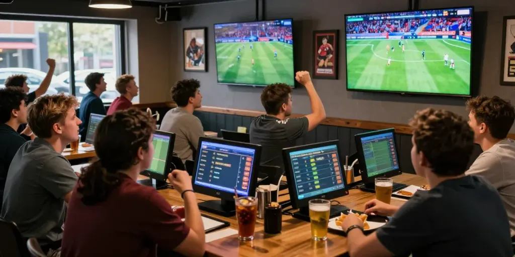 Exciting sports betting scene at WWBOLA with fans celebrating high odds
