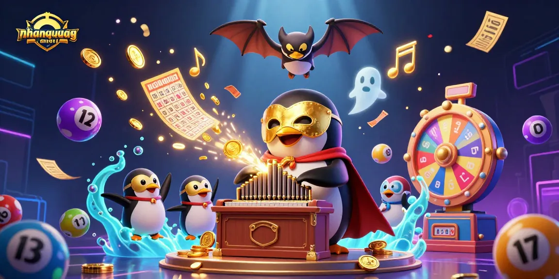 Join the excitement of nhanquagamebai with a dynamic scene featuring a penguin and lottery elements.