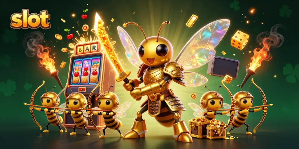 Mendapatkan slot kemenangan dalam permainan kasino yang seru dengan simbol beruntung dan peti harta karun emas.