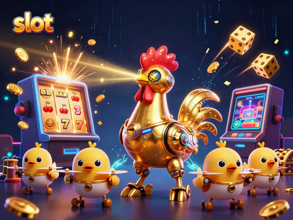 Menangkan jackpot slot dengan robot ayam emas futuristik dalam ilustrasi 3D