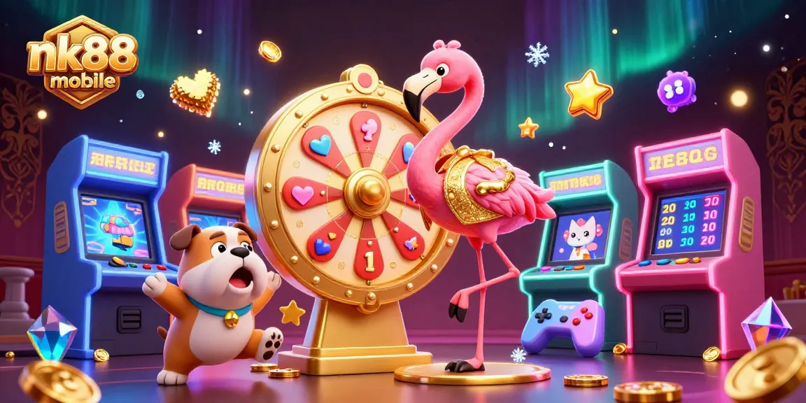 Spin to win with nk88 mobile, featuring vibrant gaming elements and a lively casino atmosphere.