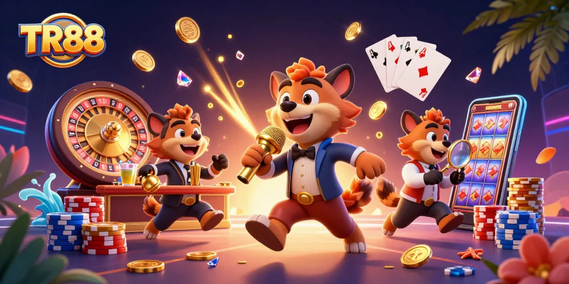TR88 hyenas running a comedy club, surrounded by flying coins and a spinning roulette wheel