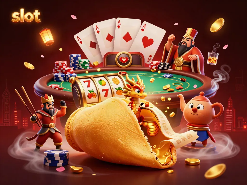 Slot dengan gulungan dan simbol keberuntungan yang melimpah menggambarkan suasana kasino yang memikat.