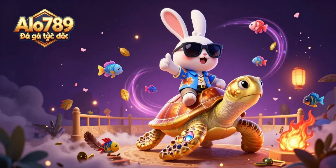 Alo789 Đá gà trực tiếp featuring a lucky rabbit and golden turtle in a dynamic cockfighting scene.