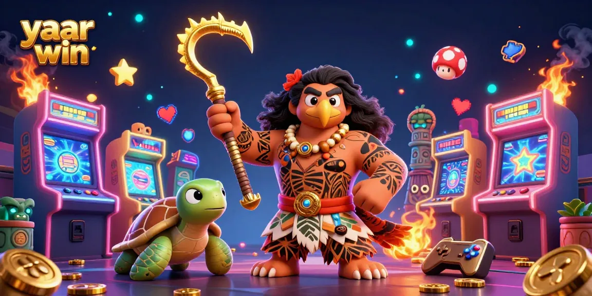 Spin and win with yaar win in this vibrant 3D casino scene featuring Polynesian characters and gaming elements.